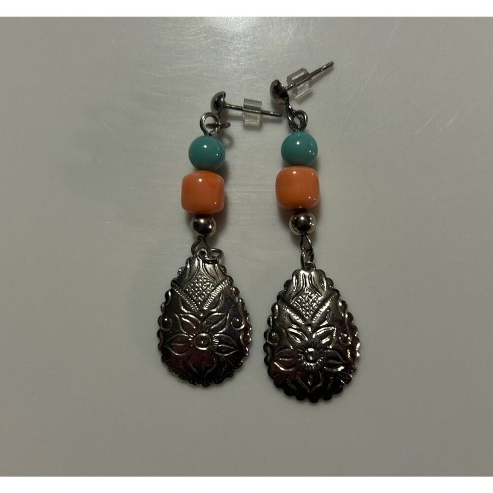 Vintage 1995 Avon Western Style Earrings Silver Tone Faux Turquoise Coral Bead